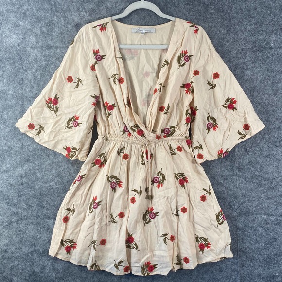 Lovers & Friends Dress Small Beige Embroidered Rose Floral V-Neck Short Sleeve - Picture 2 of 12